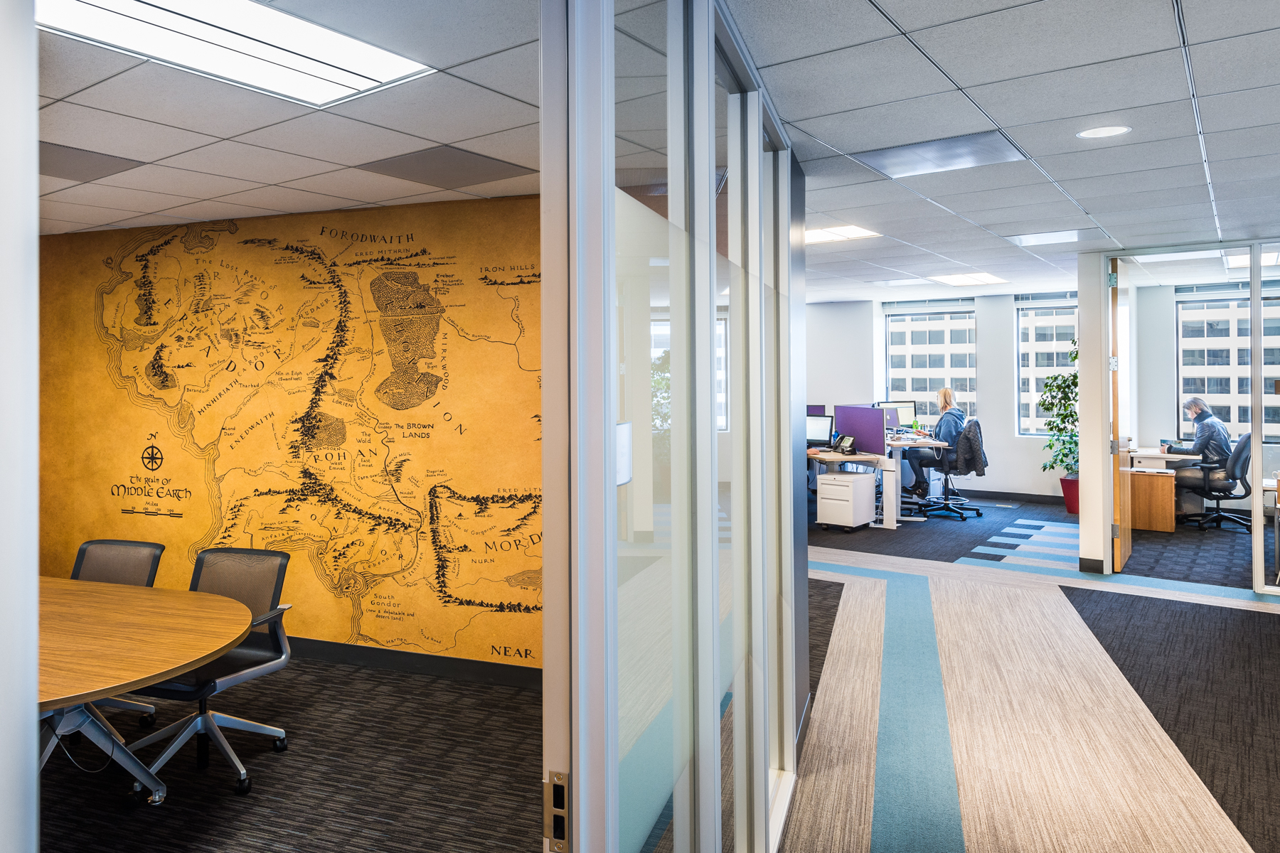 A Turnitin Studios meeting room with a map of Middle Earth on the wall.