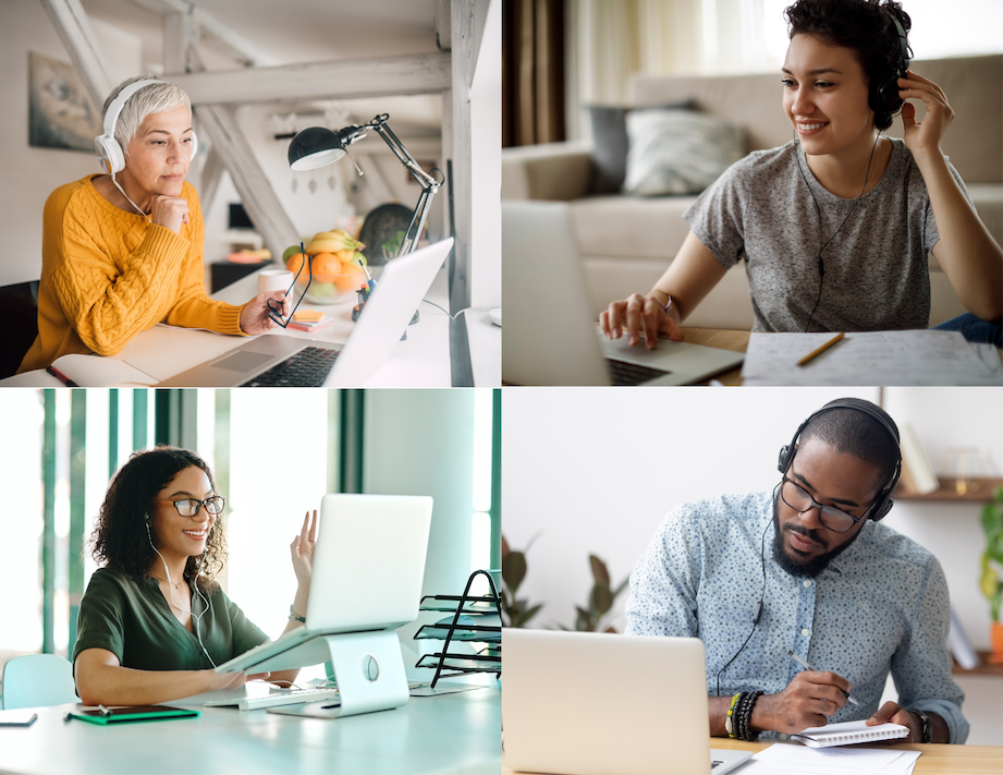 A grid of four people wearing headphones and participating in video calls on their laptops.